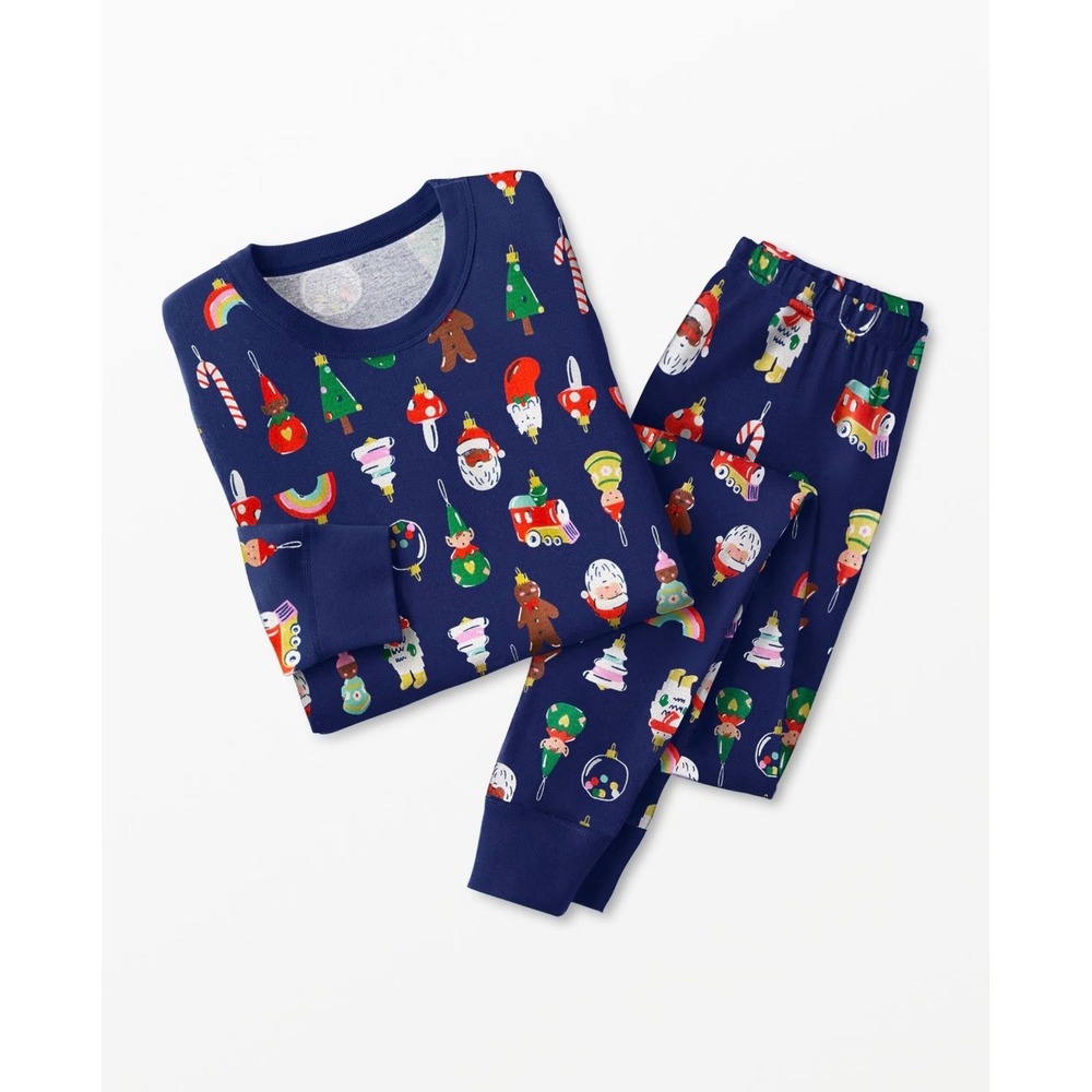 Kids Christmas Pajamas Navy Blue Holiday Print‎ Long Sleeve Pants Set Size 12